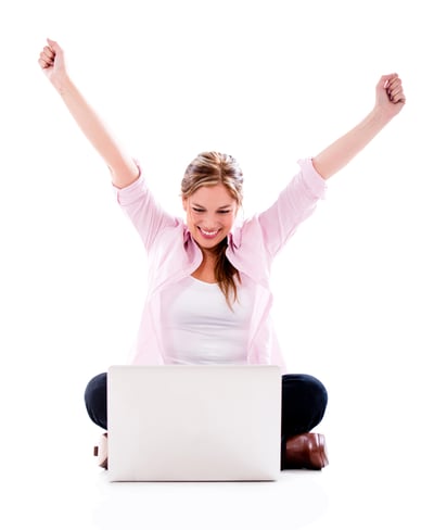 Excited woman looking at her email results